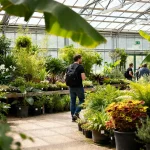 Homme explorant la serre luxuriante de Botanic Montbrison avec plantes tropicales et fougères abondantes