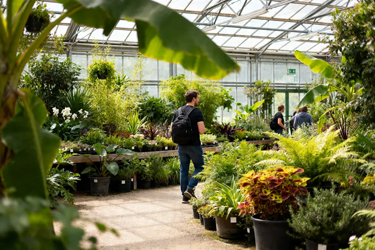 Homme explorant la serre luxuriante de Botanic Montbrison avec plantes tropicales et fougères abondantes