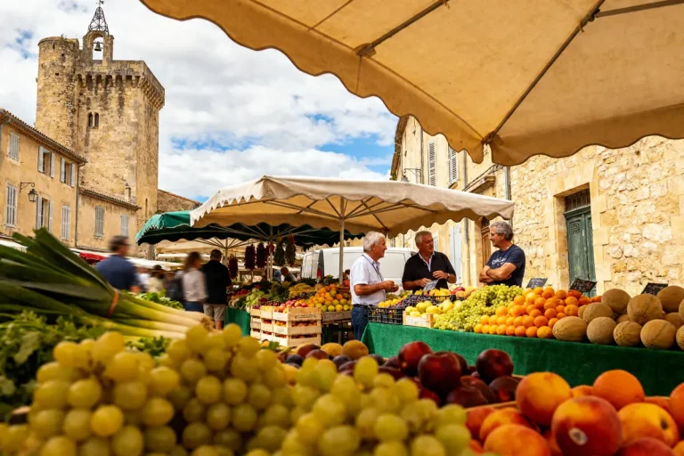 Marché coloré avec fruits frais devant une tour médiévale à Brignoles Provence
