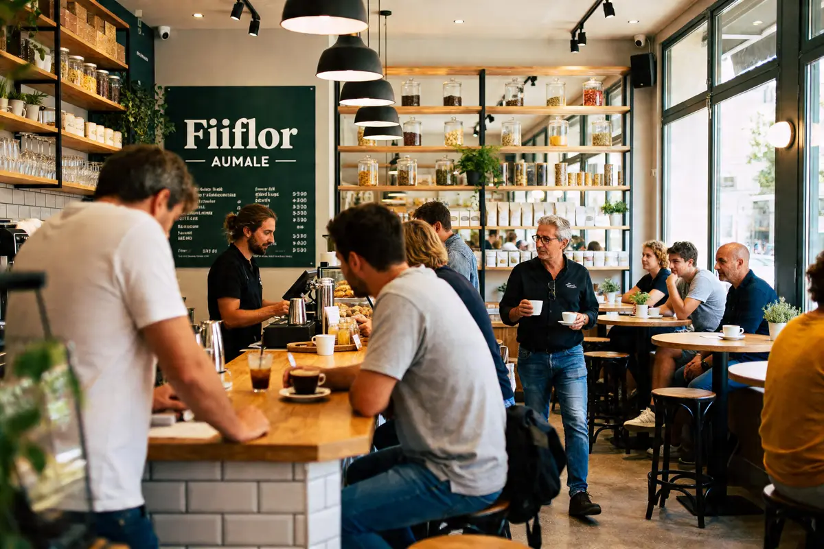 Café animé Filiflor Aumale, clients dégustent boissons et discutent autour du comptoir en bois