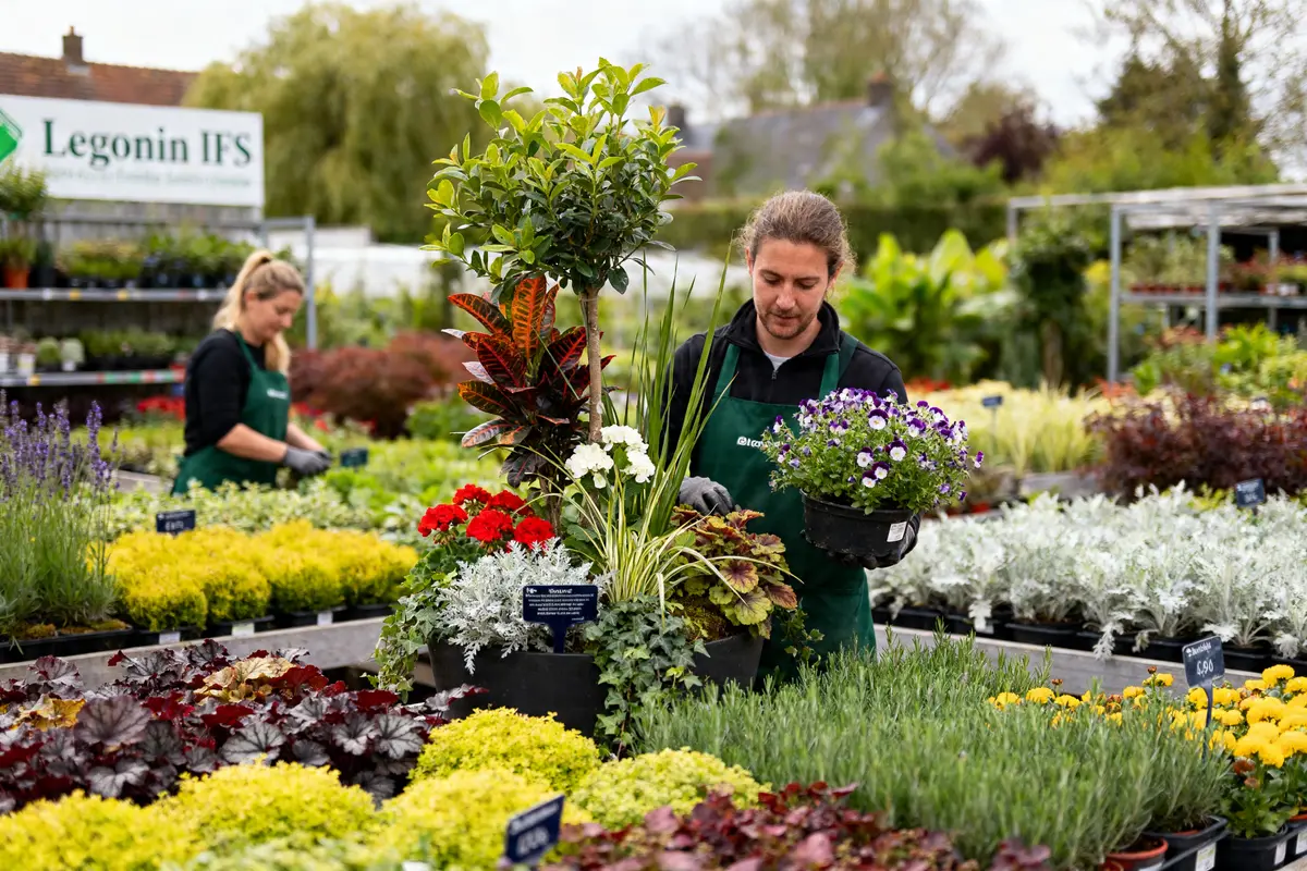 Deux jardiniers arrangent des plantes dans une pépinière Legonin IFS verdoyante et colorée