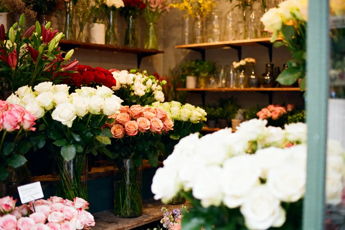 Bouquets de roses colorées dans la boutique Les Belles Fleuristes sur des étagères en bois