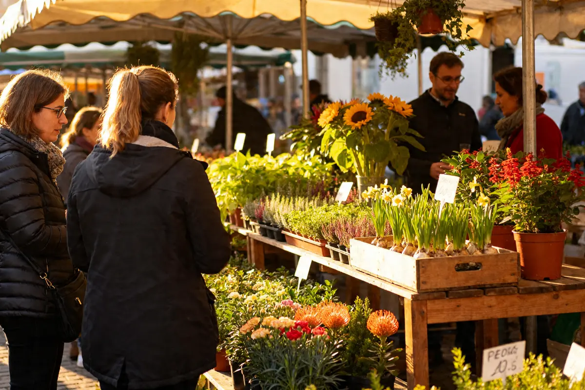 Des personnes choisissent des fleurs colorées au marché aux fleurs de Versailles le matin