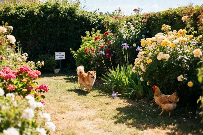 Chien et poule dans un jardin fleuri à Villaverde Olonne avec roses et arbustes floraux