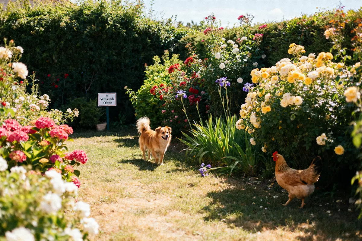 Chien et poule dans un jardin fleuri à Villaverde Olonne avec roses et arbustes floraux