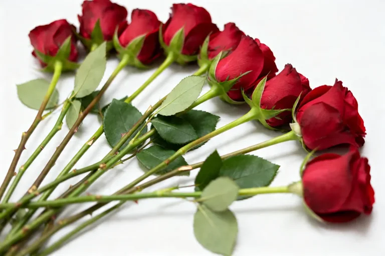 Huit roses rouges fraîches alignées pour composer un bouquet de roses élégant