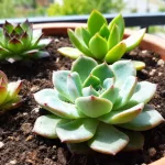 Pot en terre cuite avec une belle composition de succulentes variées illuminées par le soleil