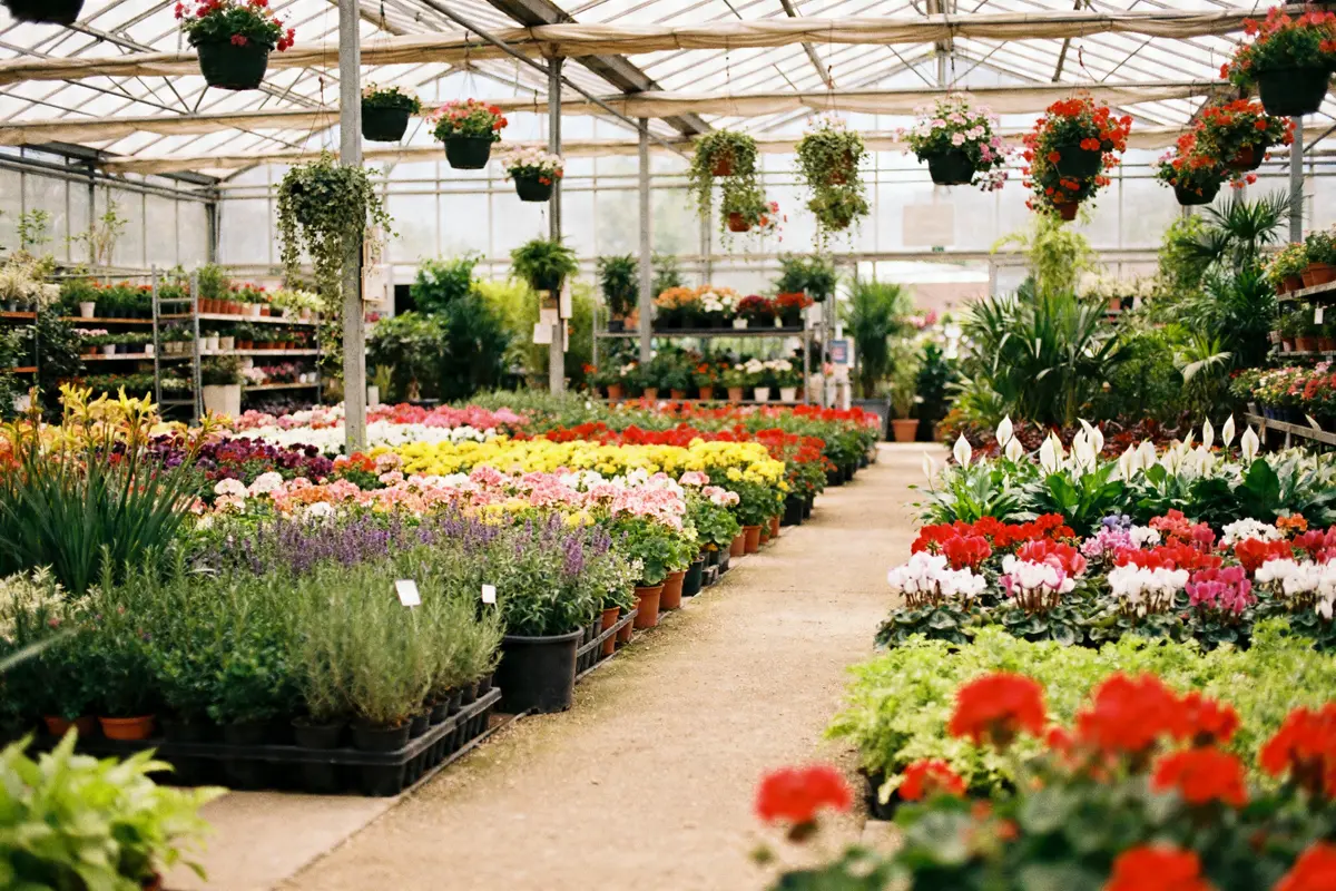 Serre colorée avec plantes et fleurs variées à espace fleuri Polliat