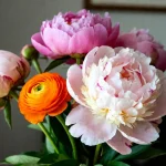 Bouquet coloré de fleurs avec pivoines roses et une renoncule orange vibrante
