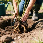 Homme en train de planter des rosiers avec un arrosoir vert en arrière-plan