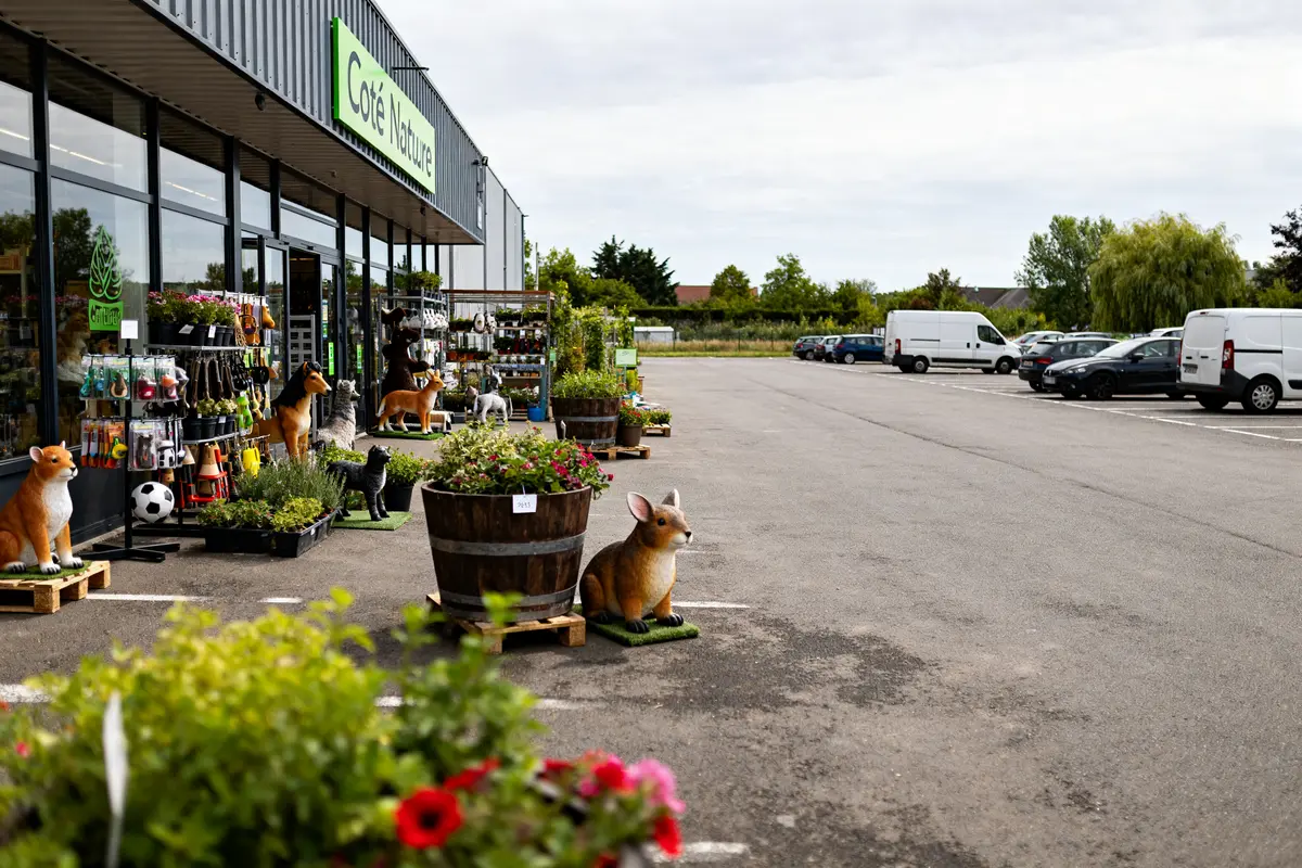 Devanture de Coté Nature à Dreux avec plantes, décorations animales et parking spacieux.