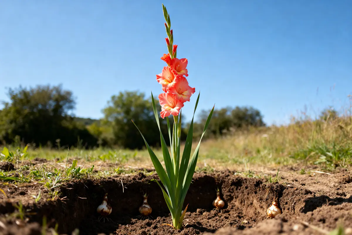 Glaïeul rose avec bulbes plantés en pleine terre, fond de paysage verdoyant
