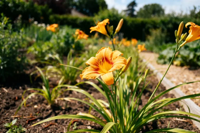 Hémérocalle orange éclatante fleurissant dans un jardin ensoleillé avec une allée en arrière-plan