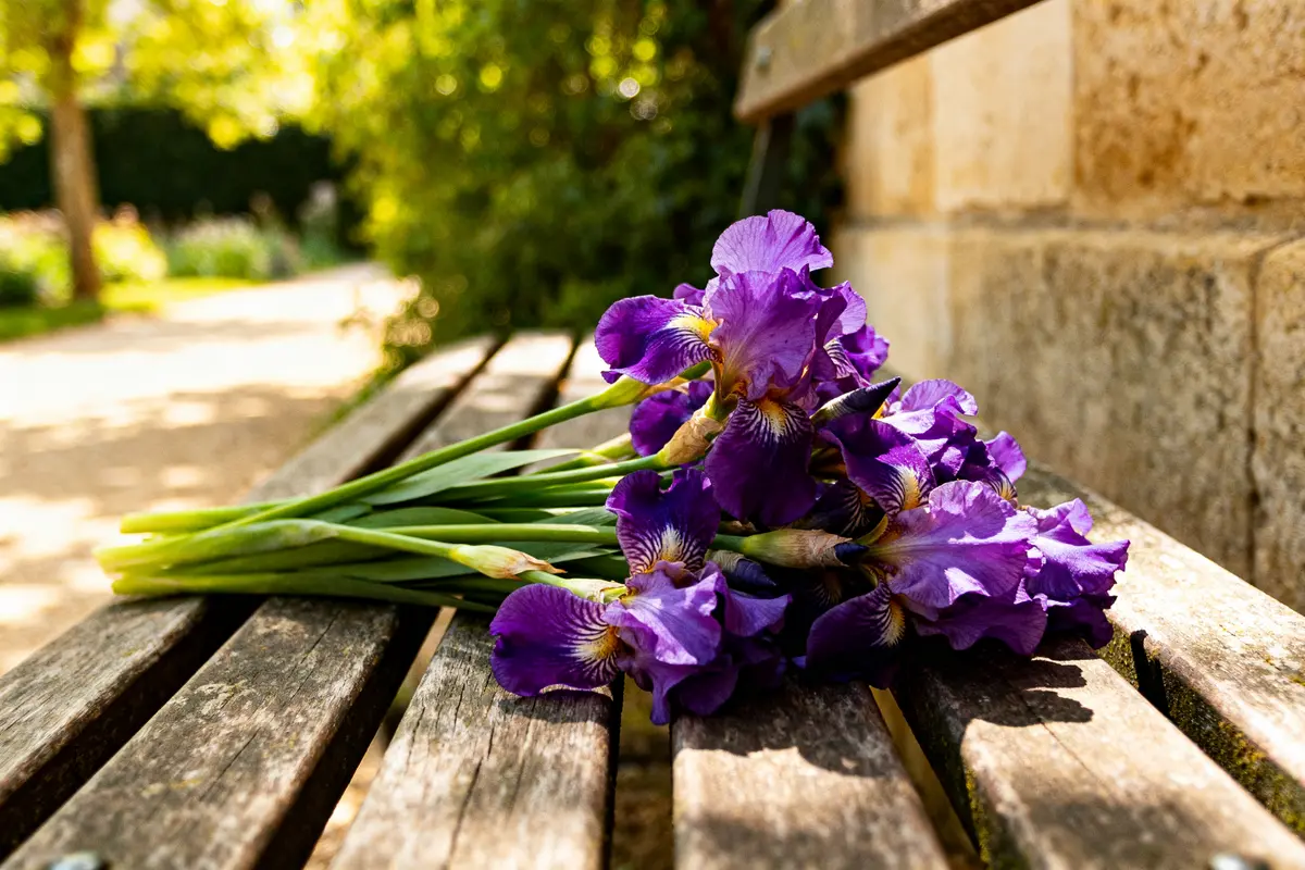 Bouquet d'Iris Fleur Dijon violet posé sur un banc en bois au soleil