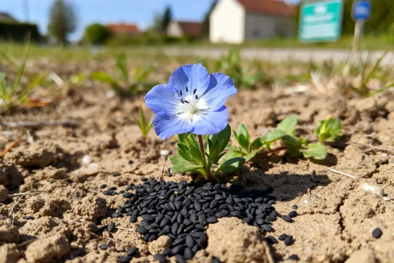 Fleur bleue poussant près de graines de nigelle sur sol sec en pleine nature