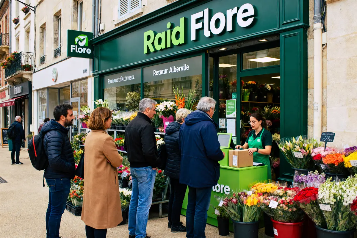 Des clients font la queue devant Rapid Flore Albertville fleuri et accueillant
