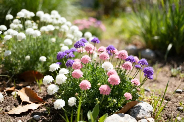 Scabieuse colorée en fleurs blanc, rose et violet dans un jardin ensoleillé