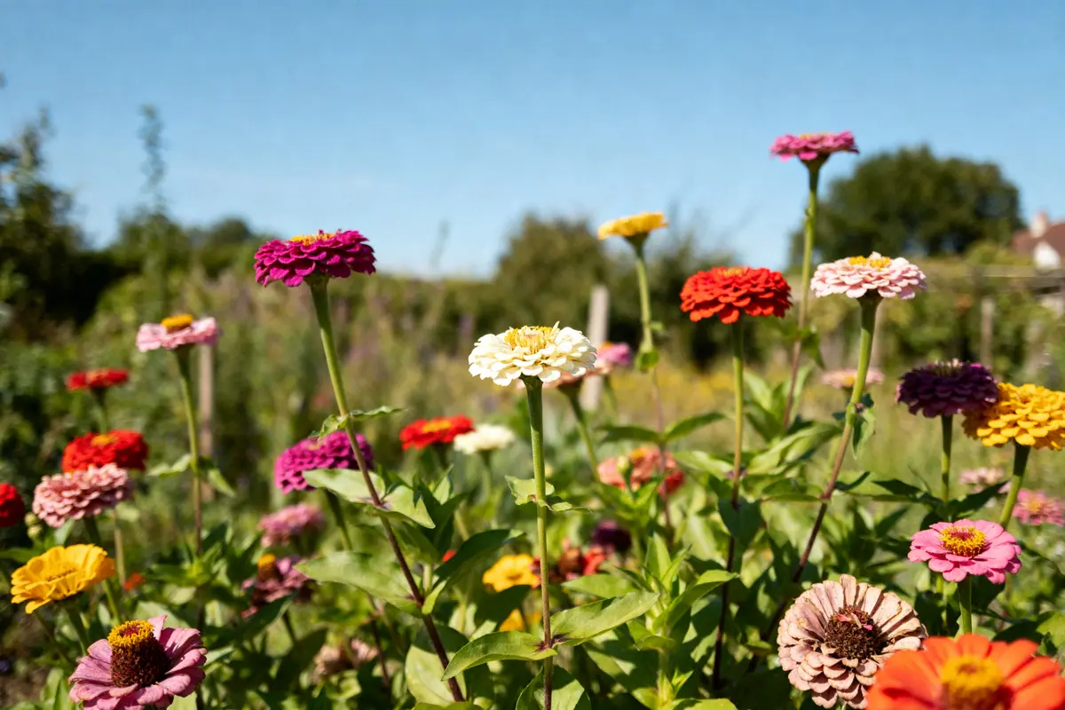 Zinnias colorées en pleine floraison dans un jardin ensoleillé avec ciel bleu clair