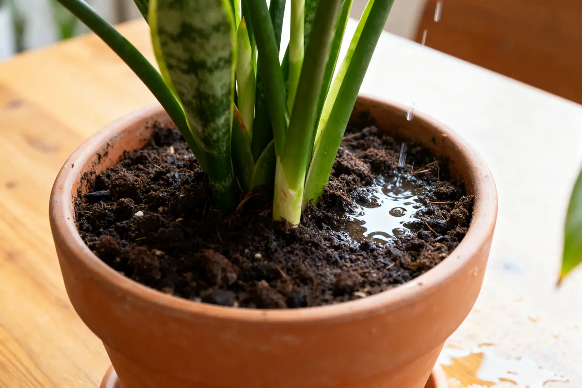 Plante en pot arrosée avec terre humide près de la fleur Belle-de-jour