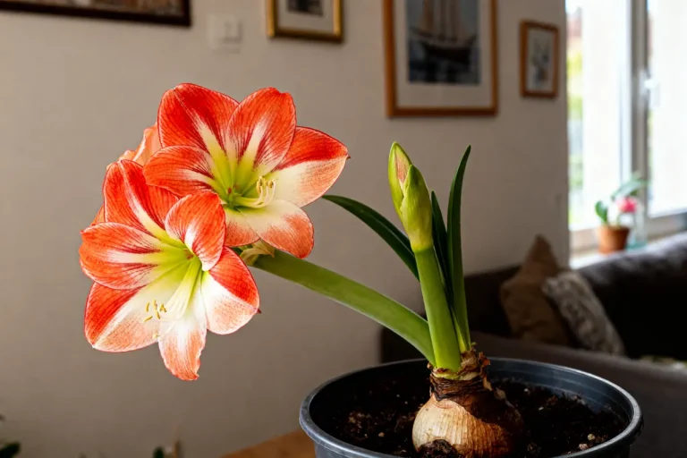 Amaryllis rouge en pot sur une table de salon au soleil