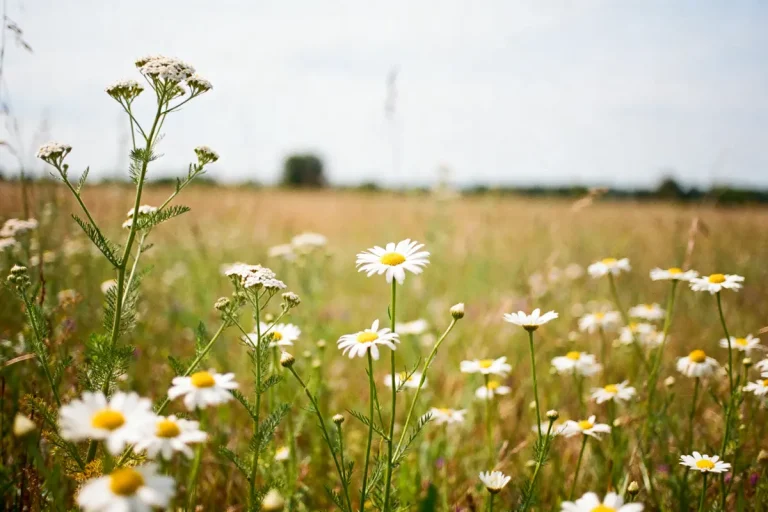 Champ de camomille en fleurs sous un ciel ensoleillé au milieu des herbes naturelles