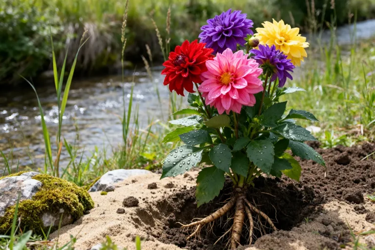 Dahlia coloré fraîchement planté près d'un ruisseau dans un jardin verdoyant