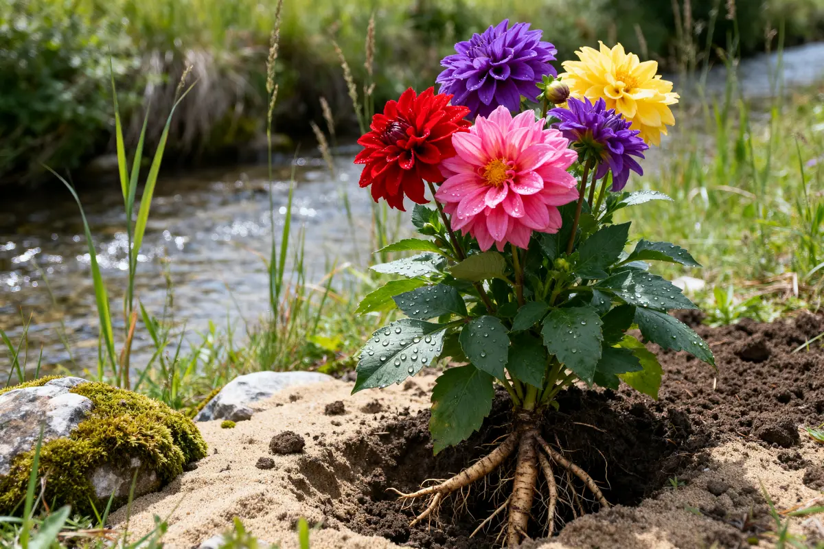 Dahlia coloré fraîchement planté près d'un ruisseau dans un jardin verdoyant
