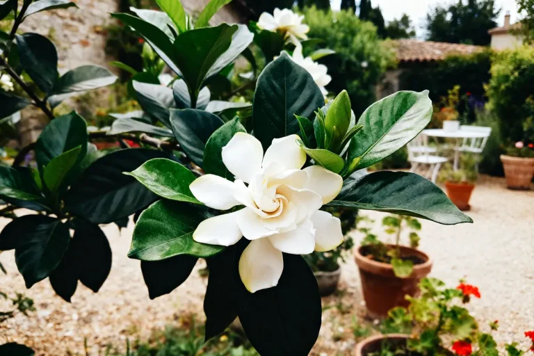 Fleur de gardénia blanche épanouie dans un jardin ensoleillé avec mobilier de jardin