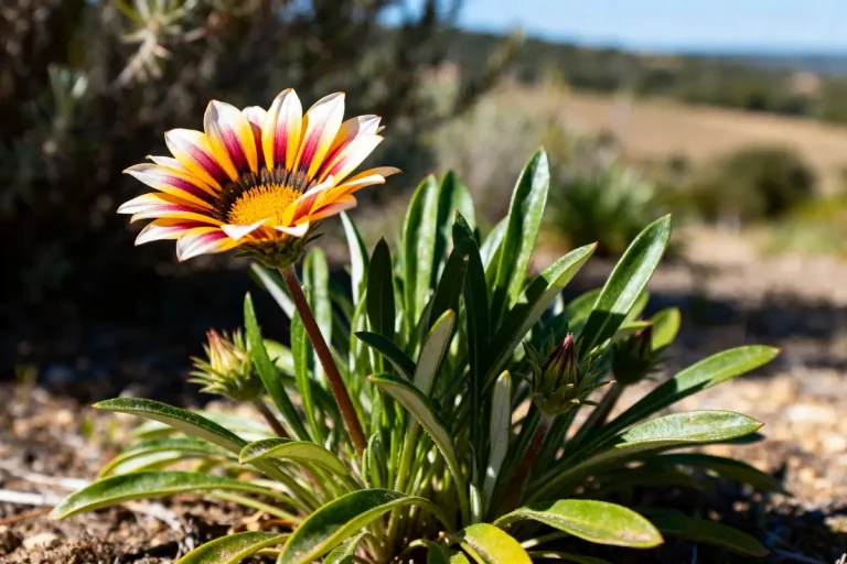 Gazania colorée en pleine floraison dans un jardin ensoleillé avec feuillage vert drus