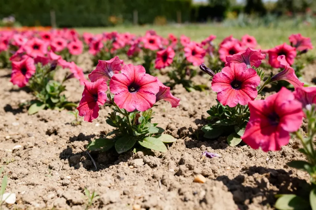 Champ de pétunias roses en pleine floraison dans un jardin ensoleillé