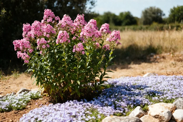 Phlox roses et mauves en plein air avec ciel et arbres en arrière-plan