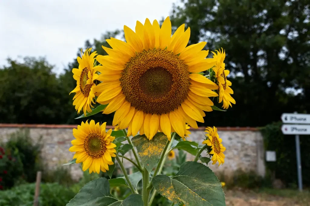 Tournesol vibrant en plein épanouissement devant un mur de pierre et feuillage dense