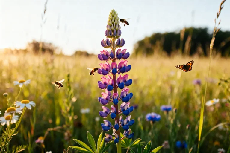 Fleur Lupin mauve entourée d'abeilles et papillon dans un champ ensoleillé