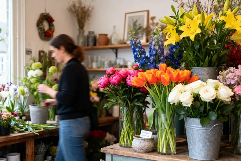Une femme organise des fleurs colorées dans une boutique de fleurs lumineuse et accueillante.