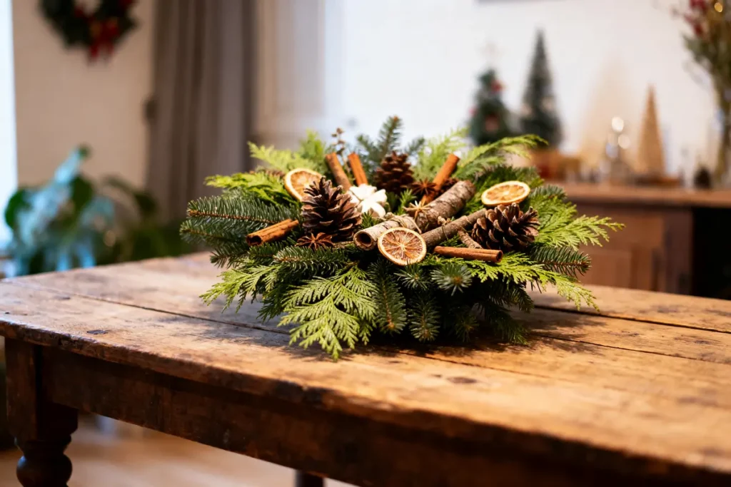 Couronne de Noël sur table en bois, ornée de pommes de pin, bâtons de cannelle, et rondelles d'orange.