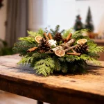 Couronne de Noël sur table en bois, ornée de pommes de pin, bâtons de cannelle, et rondelles d'orange.