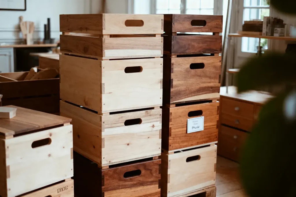 Des caisses en bois empilées dans une pièce lumineuse avec du mobilier en arrière-plan.