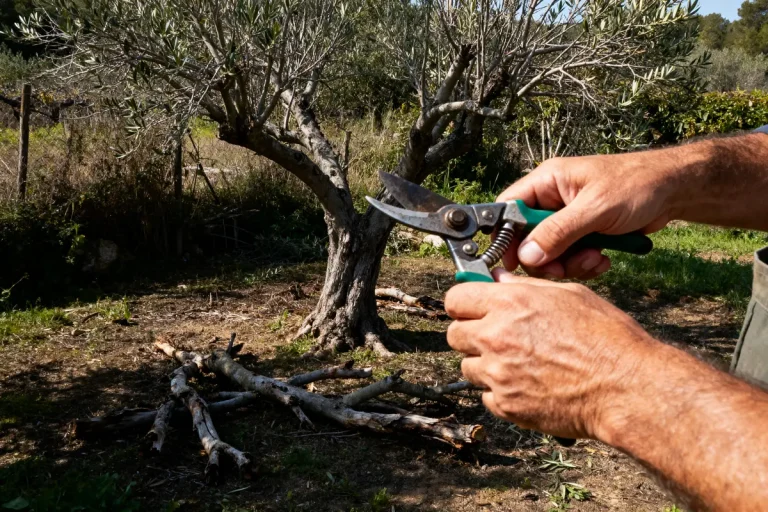 Homme taillant un olivier avec sécateur, vieux tronc d'olivier en arrière-plan, branches coupées au sol.
