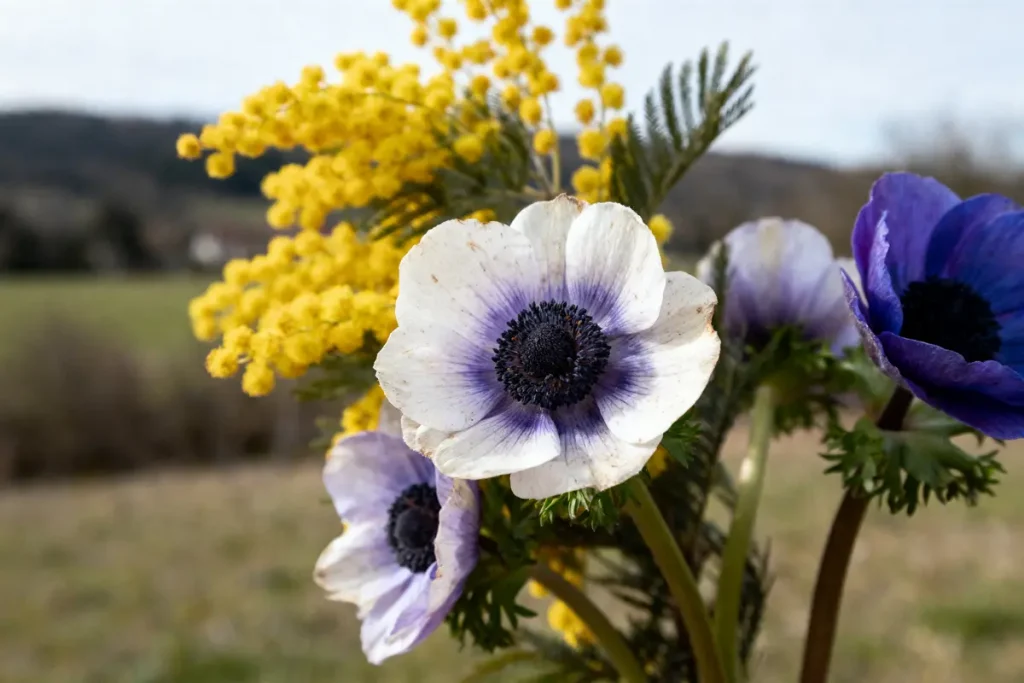 Fleurs d'anémones blanches et violettes avec mimosa jaune en arrière-plan champêtre flou.