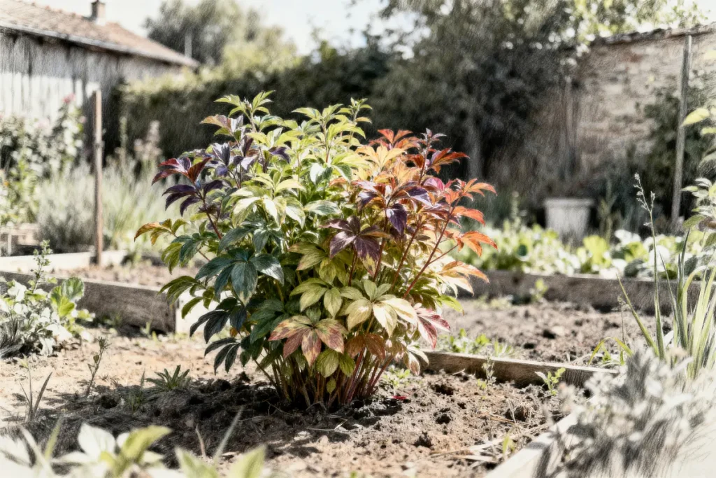 Arbuste coloré dans un jardin, entouré de planches de bois et de verdure en arrière-plan lumineux.