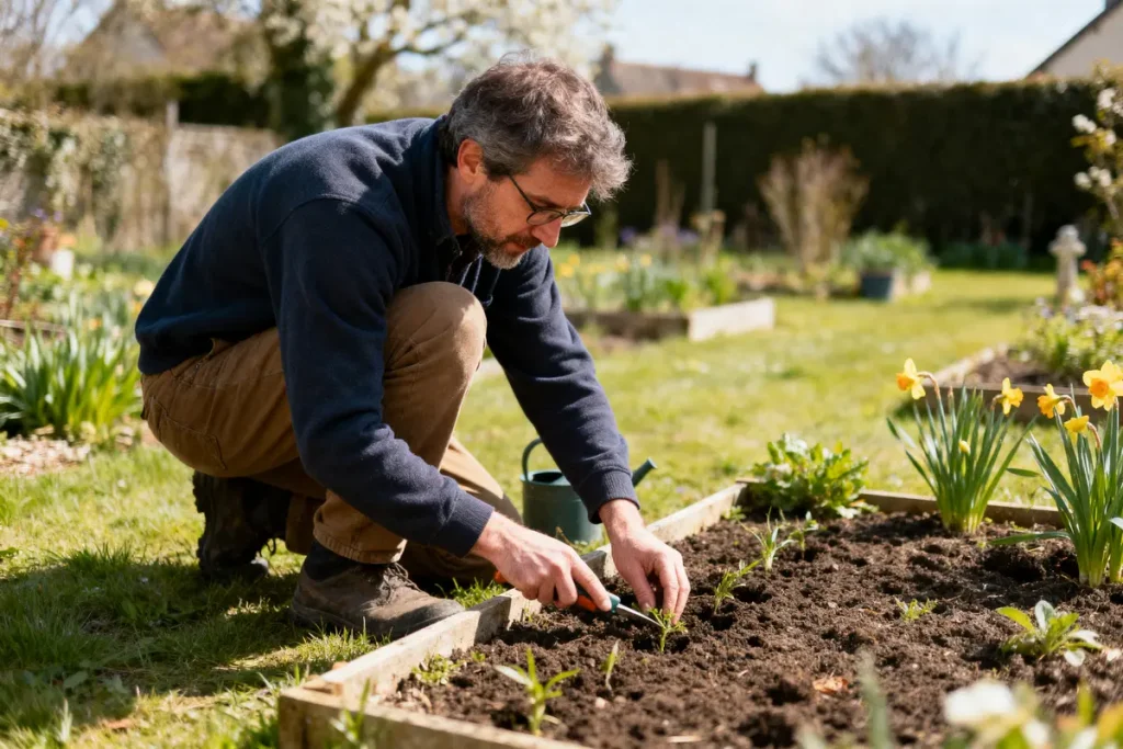 Un homme jardine, en taillant de jeunes plants dans un potager, par une journée ensoleillée.