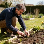 Un homme jardine, en taillant de jeunes plants dans un potager, par une journée ensoleillée.