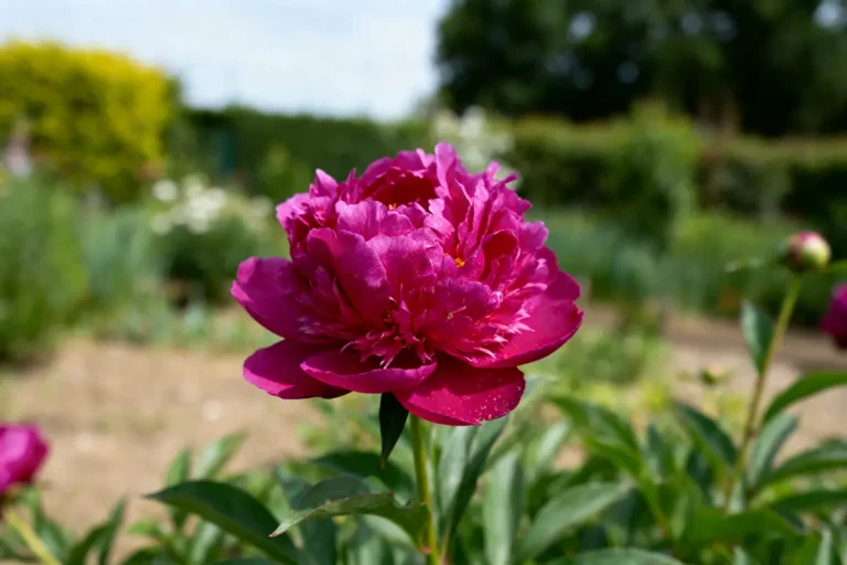 Pivoine rose épanouie dans un jardin verdoyant avec des buissons en arrière-plan flou.