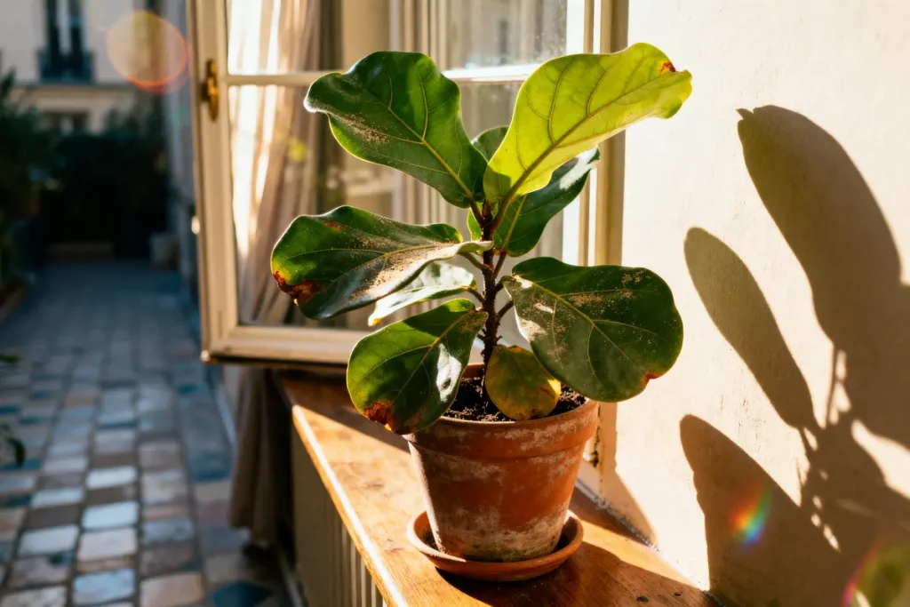 Plante en pot éclairée par le soleil, posée sur un rebord de fenêtre dans une pièce lumineuse.