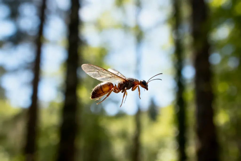 Un insecte volant en gros plan dans une forêt, éclairé par la lumière du soleil.