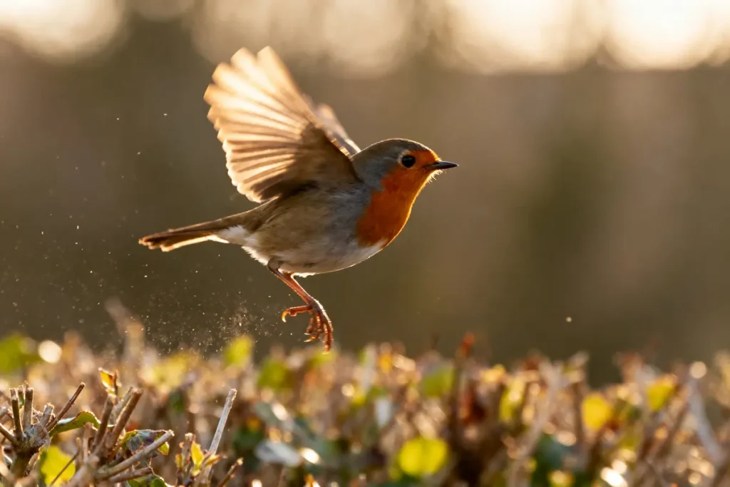 Un rouge-gorge en plein vol au-dessus d'une haie, avec des ailes écartées, éclairé par le soleil.