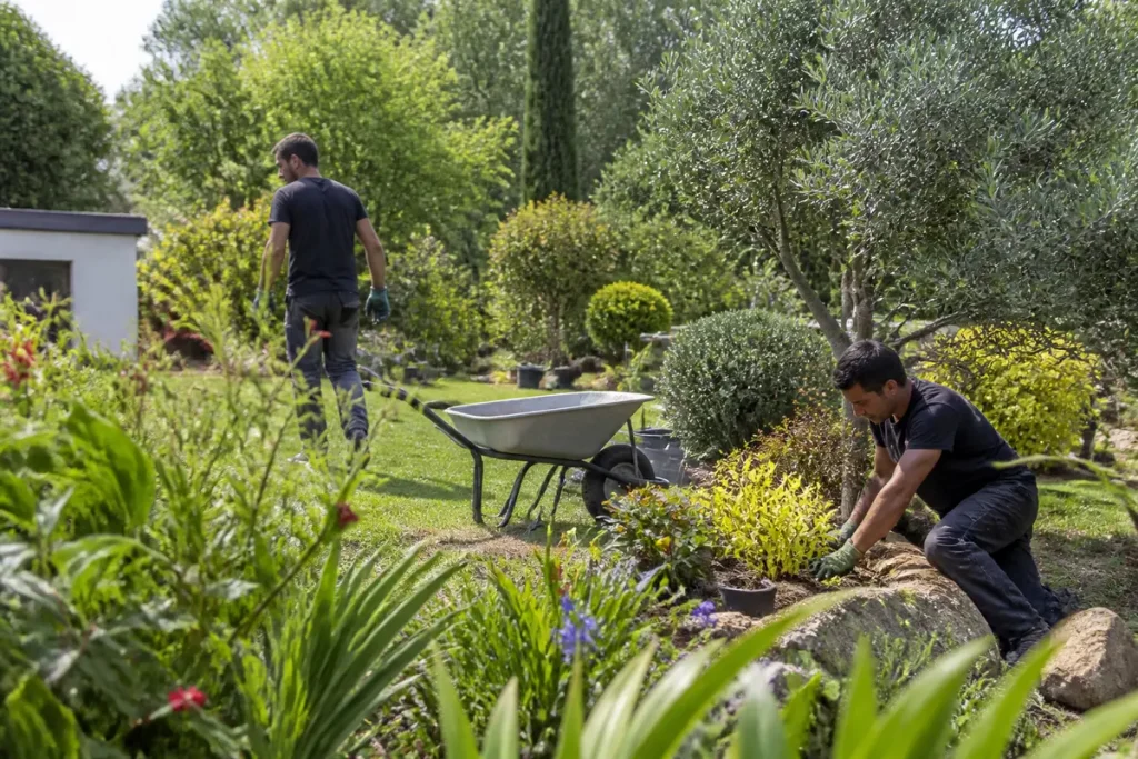 Deux personnes jardinent dans un jardin verdoyant, avec une brouette et des arbustes bien entretenus.