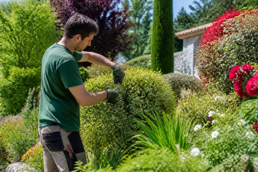 Paysagiste taillant arbuste dans jardin verdoyant, entouré de plantes et fleurs colorées, par une journée ensoleillée.