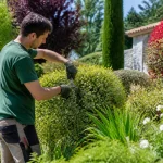 Paysagiste taillant arbuste dans jardin verdoyant, entouré de plantes et fleurs colorées, par une journée ensoleillée.