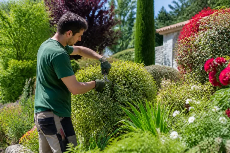 Paysagiste taillant arbuste dans jardin verdoyant, entouré de plantes et fleurs colorées, par une journée ensoleillée.